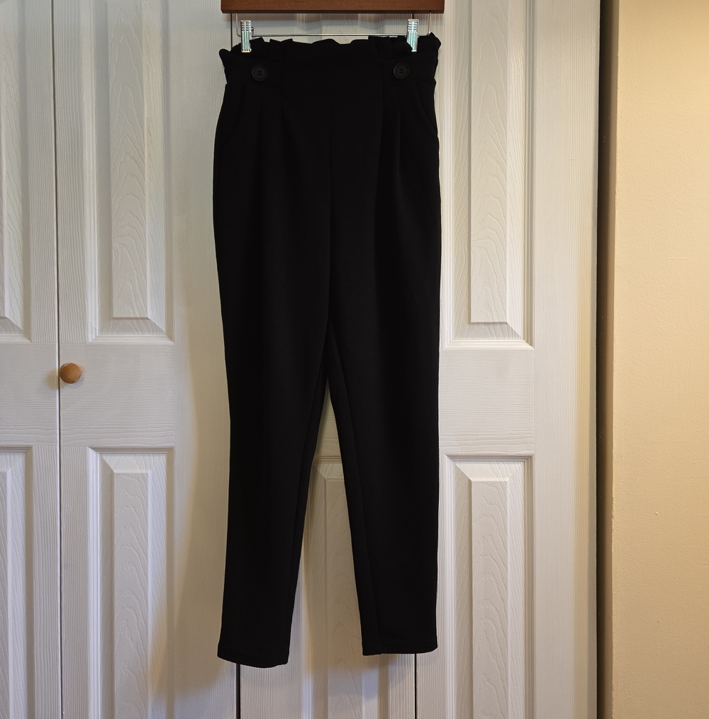 shosho Black High-Waist Paperbag Trousers with Button Detail